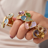 Anillo Ancho de Acero Inoxidable con Esmalte de Hoja de Loto para Mujer, Joyería Bohemia Natural Verde Colorida, Regalo para Ella, Uso Diario