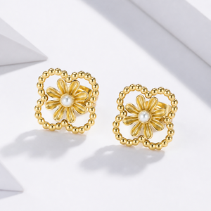 Boucles d'oreilles clous Daisy Clover en acier inoxydable plaqué or 14K sous vide, avec cadre perlé imitation perle, bijoux 11mm - Product Image 1