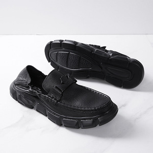 Chunky Loafers Men Genuine Leather <b>Round</b> Toe Slip-On <b>Cushioned</b> All Seasons Black Casual Shoes - Product Image 4