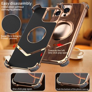 <span class=keywords><strong>Deluxe</strong></span> Drukknoop Titanium Frame Walnotenhout Telefoonhoesje Voor Iphone 14 15 16 Pro Max Met 360 ° Magnetische Standaard Schokbestendige Hoes - Product Image 4