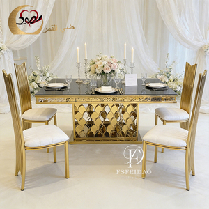 Juego de Mesa de Comedor de Lujo con Tapa de Cristal y Base de Escamas de Pescado Doradas, 6 Sillas, Moderno, para Exteriores, Hotel, Restaurante - Product Image 3