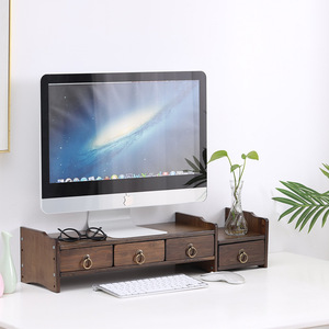 Bamboo Computer Monitor <b>Riser</b> Stand With Storage Drawers Desktop Organizer For Office <b>Desk</b> Heightening Base Rectangle Shape - Product Image 1