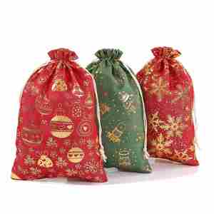 Sac en coton et lin avec cordon de serrage, estampage à chaud, pour Noël, pochette cadeau de Noël, sac décoratif de Noël - Product Image 4
