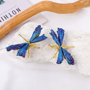 Wholesale Natural Healing Crystal Blue Electroplate Animals Crafts Carved Handmade Blue Wings Dragonfly For Decor