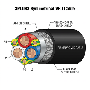 <span class=keywords><strong>สาย</strong></span>เคเบิล PRIMEPRO 3Plus3 Sym VFD 0.6/1kV ป้องกันคลื่นแม่เหล็กไฟฟ้าแบบสองชั้น ฉนวน XLPE มาตรฐาน IP68 ทนทานต่อรังสียูวีสูง ทนน้ำมัน ความจุต่ำ - Product Image 1