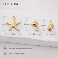 LUOYUNE Breloques océaniques mixtes plaquées or 18 carats pour la fabrication de bijoux, pendentifs étoile de mer, coquillage, tortue marine, composants de collier DIY, 10 pièces