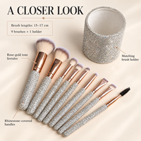Ensemble de 9 pinceaux de maquillage personnalisés avec strass scintillants, style professionnel, luxe, diamant, support pour pinceaux cosmétiques pour le visage et les contours