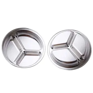 2 Pcs Aço Inoxidável 3 Seções Rodada Dividido Dish Snack Dinner Plate Diâmetro 24cm & 26cm