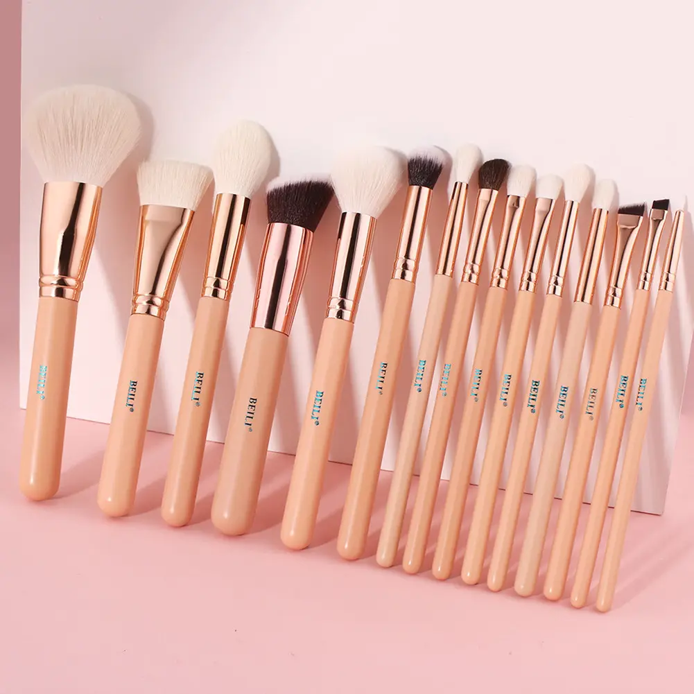BEILI kit de pincéis de maquiagem rosa personalizado de alta qualidade com 15 peças de cabelo de cabra natual em ouro rosa conjunto de pincéis de maquiagem de luxo de marca própria