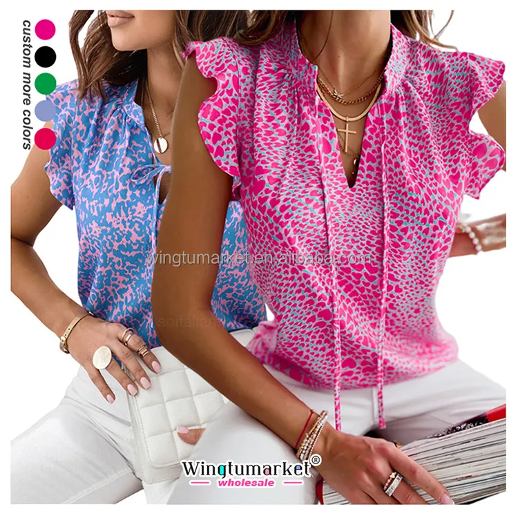 도매 여름 숙녀 블라우스 셔츠 프릴 슬리브 귀여운 하트 카모 인쇄 캐주얼 반소매 여성 블라우스 셔츠