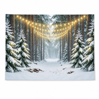 Latar Belakang Hutan Salju Musim Dingin Kustom 100D Poliester Lampu Tali Pohon Pinus Latar Belakang Foto 180x115cm OEM Grosir Dekorasi CN HEB