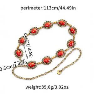 Cadena de cintura vintage de metal dorado con gemas de cristal rojo, cinturón de eslabones retro con diseño floral, accesorio de joyería para mujer - Product Image 5