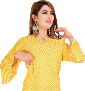 Nouveau élégant femmes jaune rayonne droite Kurtis imprimé rides fête Festival indien pakistanais ensemble de vêtements - Product Image 1