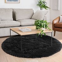 Tapis rond noir moderne tufté à poils longs, fabriqué à la machine, 5'x5', pour les chambres d'enfants et d'adolescents
