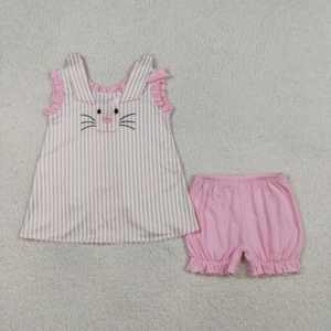 GSSO3036 RTS Tenues d'été pour petites filles, imprimé fleurs roses, vêtements pour enfants en gros, ensemble mignon pour fille avec manches volantées et dentelle - Product Image 2