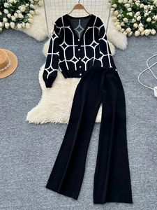 Fall Women's Jacquard V-Neck <b>Cardigan</b> <b>Sweater</b> & Long Pants Stylish Knit 2-Piece Set Fashion - Product Image 6