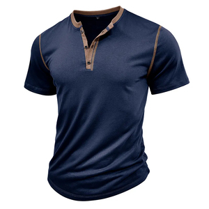 Camiseta básica de manga corta con cuello redondo al por mayor, camiseta de manga corta Henley ajustada de varios colores para hombre - Product Image 6