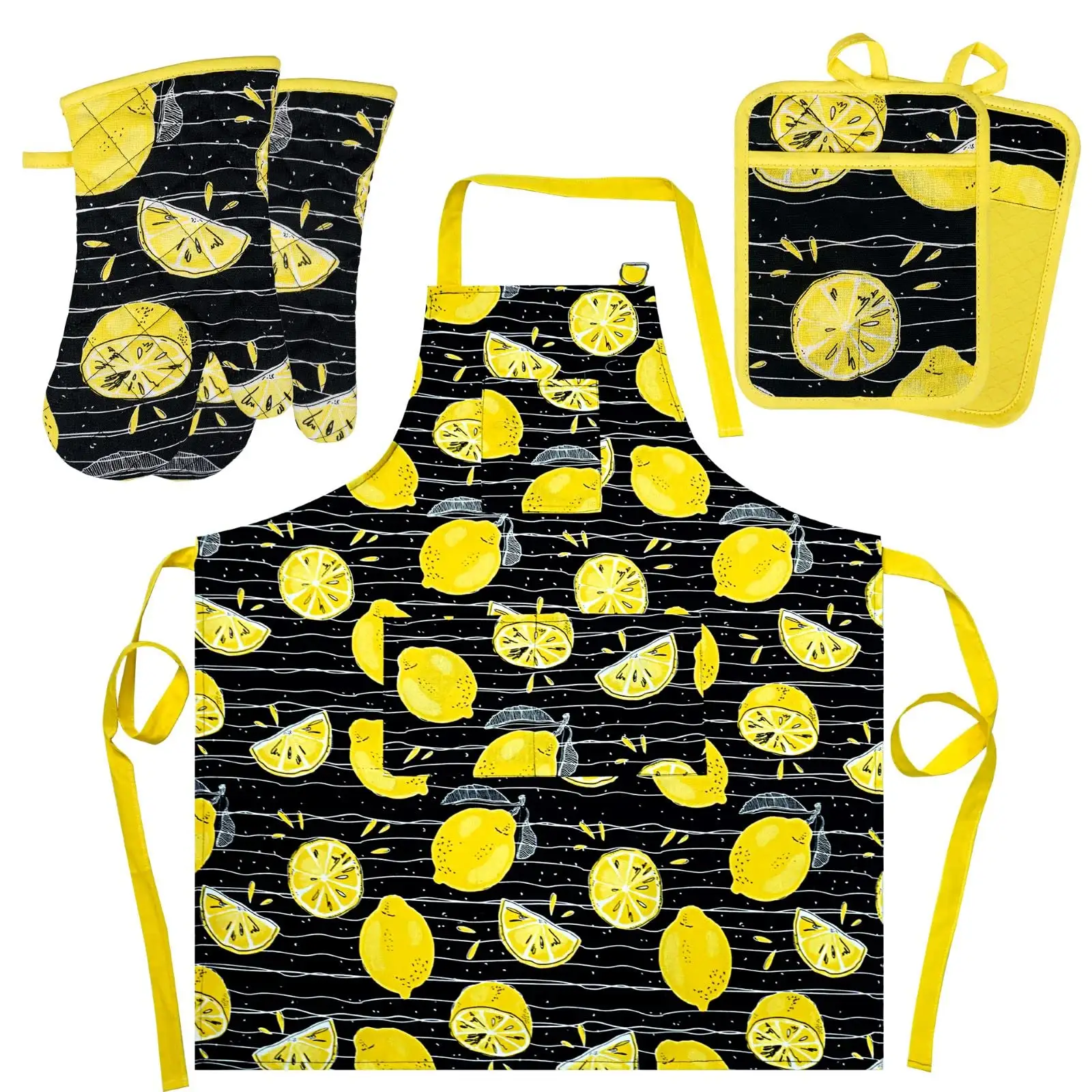 Oven Mitts and Pot Holders with Cooking Apron Set Heat Resistant Kitchen Mitten Gloves and Silicone Non-Slip Potholders & apron