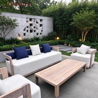 Ensemble de canapés d'extérieur en teck massif, canapé 3 places avec 2 fauteuils simples, coussins imperméables, meubles de patio pour villa, hôtel