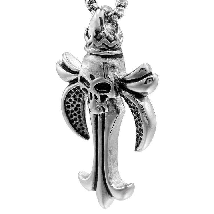Vintage Style Titanium Steel Skull Cross Sanskrit Pendant Necklace