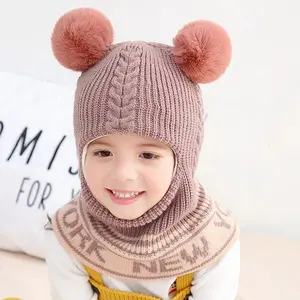 Baby Hat New Winter Warm Velvet Children's Knit One-pieces Earmuff Hat Double Ball Ears Hats for Kids