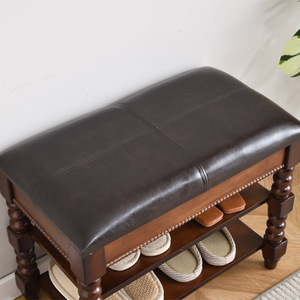Solid Wood Shoe Changing <b>Stool</b> With Leather Top And Storage Shelves For Home Entryway Use - Product Image 2