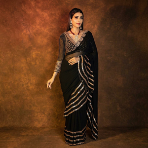Black Embroidered Faux Georgette <b>Saree</b> <b>Blouse</b> Women Traditional Wedding Wear India Pakistan Style Floor Length Regular Fit Quick - Product Image 1