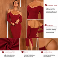 Robe Midi Bordeaux Épaules Dénudées pour Femme avec Chaîne Métallique, Manches Longues, Coupe Moulante, Tenue de Soirée, Vente en Gros OEM ODM