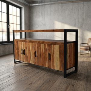 Aparador moderno de 3 puertas de madera maciza con acabado natural y estructura metálica, estilo industrial, ecológico, para sala de estar, ¡muy vendido! - Product Image 3