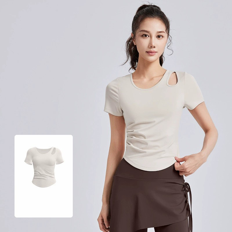 Women Sexy Hollow Out Shoulder Yoga T-shirt Ruched Waist Slim Fit Short Sleeve Gym Workout Tops