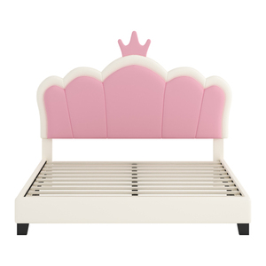 Cama Princesa Moderna Ajustable Tapizada con Cabecero Acolchado en Forma de Corona, Base de Plataforma, Cabecero y Pie de Cama en Color Crema y Rosa - Product Image 3