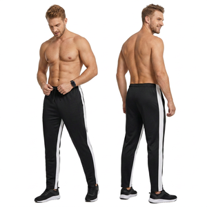 Pantalon de survêtement noir pour homme avec bandes latérales blanches, cordon de serrage haute, décontracté, sans couture, léger, respirant, tricoté, pour l'automne - Product Image 1