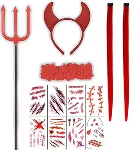 HLC ODM OEM Diadema de Cuernos de <span class=keywords><strong>Diablo</strong></span> de Halloween, <span class=keywords><strong>Tridente</strong></span> de Demonio, Accesorios para Festivales, Set de Peluca y Tatuajes para Cosplay, Juego de Roles y Fiestas - Product Image 4