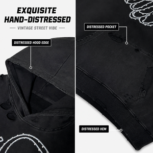 Sweat à capuche noir pour homme, 100% coton épais, délavé vintage, déchiré, orné de strass étincelants, coupe oversize, style streetwear Y2K Hip Hop - Product Image 5