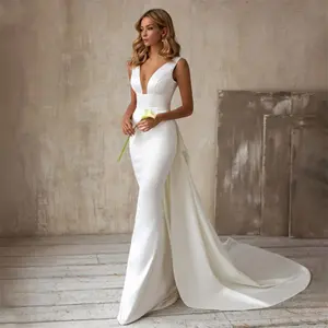 Ruolai RL00021 Light French Satin Hepburn Trailing New Bride Korean Style Simple White Wedding Dress Bridal Gowns