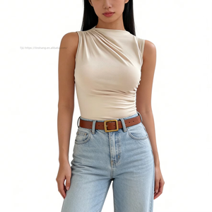 Women's Sleeveless Asymmetric Pleated Ruched <b>Mock</b> <b>Neck</b> <b>Top</b> - Satin-Fit Casual Shirt <b>Top</b> Vest Fashion - Product Image 2