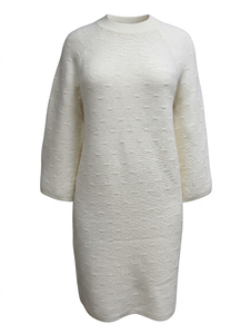 Vestido de Punto de Lana Texturizada Sólida Blanca, Cuello Alto, Manga Tres Cuartos, Midi, Estilo Pullover, Ropa Casual de Otoño - Product Image 2