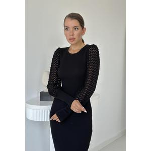 Vestido de punto ajustado negro con abertura, cuello redondo, cintura natural y manga larga translúcida para mujer - Product Image 4