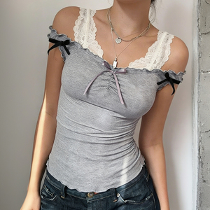 T-shirt décontracté en maille respirante à col en V pour femme, avec dentelle et nœud plissé sur le devant, manches courtes, collection été 2026 - Product Image 2