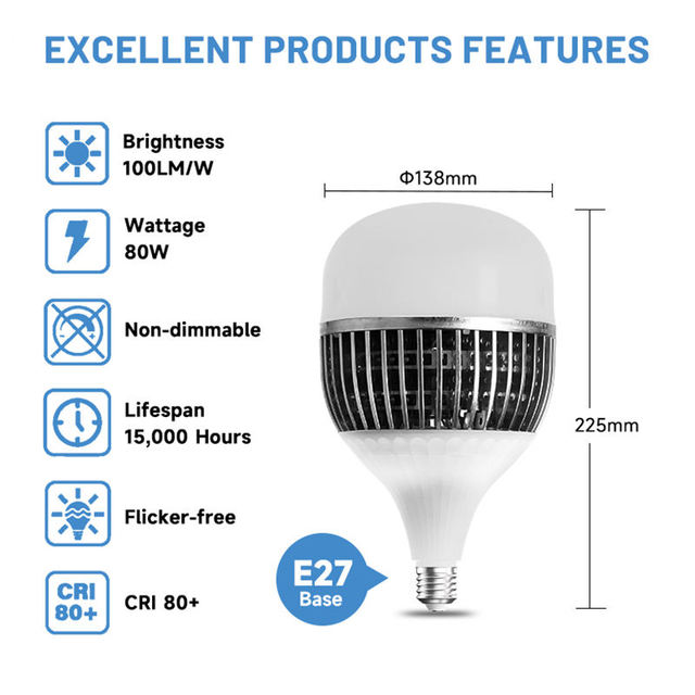 Super Bright Aluminum Fin LED High Power Bulb 50W 80W 100W 150W AC165-265V Energy Saving Lamp for Factory Garage Supply