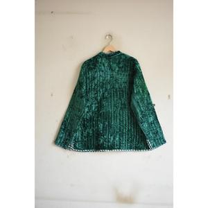Velvet Quilted Jacket, Handmade Crushed Velvet, Checkered Trim, Oversized Boho <b>Coat</b>, Quilted Jacket, Velvet Quilted Jacket - Product Image 4