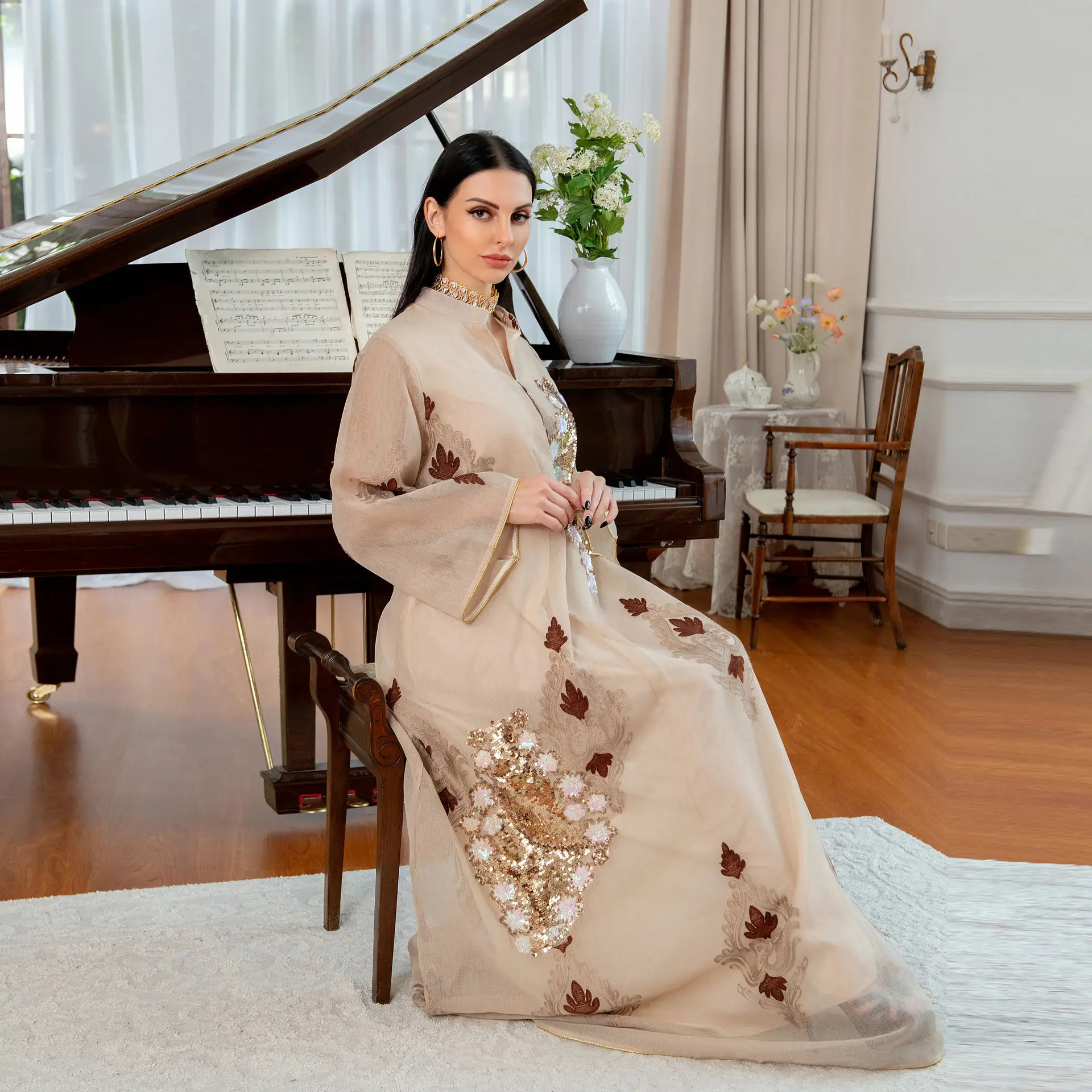 Thời Trang Mới Phụ Nữ Hồi Giáo Đầm Phồng Tay Áo In Abaya 2022 Váy Kaftan Ma-rốc
