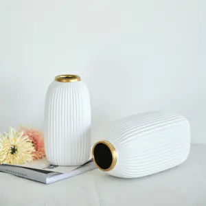 Современный простой стиль керамические вазы для растений белые полосатые Позолоченные керамические вазы для цветов
