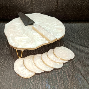 Handmade Resin Circle Cake Platter Set Irregular White Slab with Gold Edge 1 Piece Dishwasher Safe Dessert Stand - Product Image 1