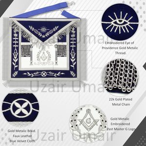 Delantal Masónico de Maestro Masón de la Logia Azul con Compás Cuadrado y Bordado Plateado, Accesorio Formal de Algodón Blanco en Venta - Product Image 2