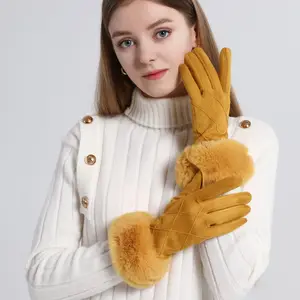 Recién llegado, venta al por mayor, guantes de cuero de gamuza auténtica para mujer con puños de piel, guantes cálidos para ciclismo para mujer, forro polar