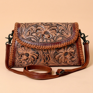 Vintage Western Genuine Leather Messenger Bag Floral Embossed Crossbody <b>Purse</b> Shoulder Handbag Polyester Lining RFID Protection - Product Image 1