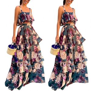 Nueva moda al por mayor mujeres 2 piezas conjunto <span class=keywords><strong>vestidos</strong></span> <span class=keywords><strong>playa</strong></span> vacaciones Floral impreso mujer ropa <span class=keywords><strong>fiesta</strong></span> Sexy largo Maxi falda vestido - Product Image 2
