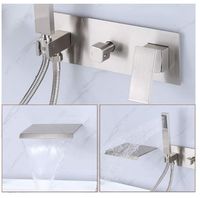 Robinet mélangeur de lavabo de luxe en laiton noir et acier inoxydable, monocommande, mural, avec cascade, barre de douche coulissante et douchette à main