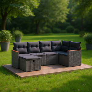 Ensemble de canapés de jardin en rotin gris foncé avec coussins en mousse haute densité, mobilier d'extérieur, sièges sectionnels en forme de L - Product Image 2